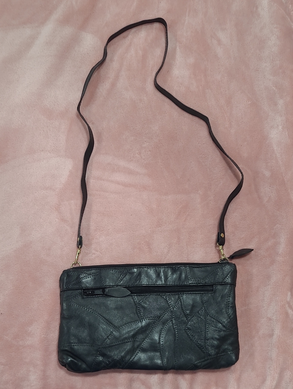 Vintage Black Leather Patchwork Crossbody Bag - Classic Women's Shoulder Bag